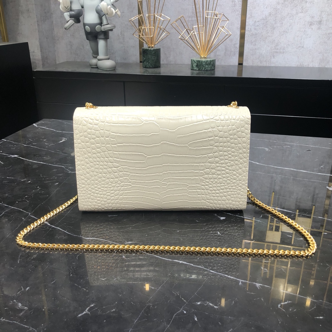 Saint Laurent Kate Tassel Medium Crocodile Embossed Calfskin Shoulder Bag White 354119 Gold